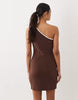 structured rib knit one shoulder mini dress in chocolate
