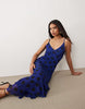 Kaiia exclusive slinky mesh strappy tiered ruffle hem maxi dress in blue and black polka dot