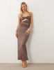 Murci square halterneck cut out hardware detail shimmer maxi dress in chocolate