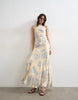 Topshop satin racer neck maxi dress in blue floral jacquard