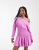 Aria Cove asymmetric shoulder shirred waist ruffle mini dress in pink