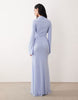 mesh draped high neck long sleeve maxi dress in blue