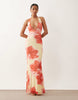 deep V plunge mesh maxi dress in pink floral