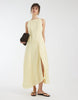 premium 100% linen slash neck midi dress with asymmetric dropped waist in lemon