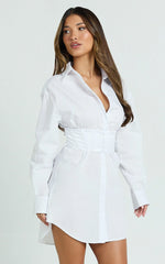 Athena Mini Dress - Collared Button Front Corset Waist Workwear Shirt Dress in White in White