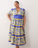 Hope & Ivy Plus v-neck puff sleeve midi smock dress in blue and yellow floral print