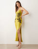 Tall crinkle satin scoop neck cami midi dress with floral embellishment in olive green