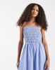 PIECES ruched cotton cami midaxi dress in blue and white stripes