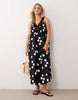 Petite v-neck smock poplin maxi dress with lace overlay in black and white polka dots