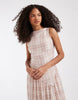 slash neck midi dress with asymmetric hem in cream plaid
