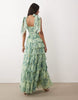 Lace & Beads Bridesmaid bow shoulders tulle maxi dress in sage green print