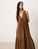 V-neck trapeze tiered maxi dress in deep olive