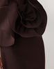 plunge maxi dress with 3d corsage and open back in chocolate scuba-style fabric