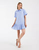 Pieces drop waist pleated mini shirt dress in blue and white gingham