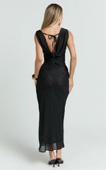 Nova Midi Dress - Lace Cowl Neck Tie Back Dress in Black