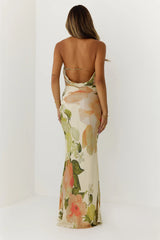 Dreamy Floral Cowl Neck Halter Maxi Dress Cream