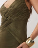 plissé contrast v-neck maxi dress with open back in dark olive
