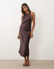 Mango boat neck sleeveless satin midi dress in chocolate brown