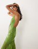 lace high slash neck maxi dress with embellished hotfix panels and embroidery in green