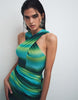 Ruched & Ready mesh cross front racer neck draped waist detail maxi dress in blue and green ombré