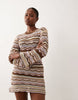 Kiwi & Co Walking On Sunshine crochet flare sleeve mini beach dress in chocolate & pastel stripe