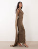 TFNC slinky sleeveless shoulder pad ruched cape detail maxi dress in olive