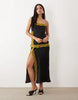 bias cut double layer lace appliqué satin maxi dress in black