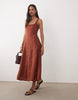 Mango 100% linen square neck sleeveless maxi dress in burnt orange