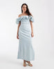 Object extreme off the shoulder satin ruffle trim maxi dress in soft blue
