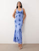 embroidered lace halterneck maxi dress with tie back in blue