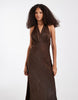 PIECES halterneck satin shimmer maxi dress in chocolate brown