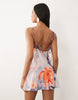 bias cut scoop neck low back satin mini dress in bright abstract print