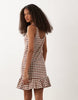 crochet jersey scoop neck mini dress with frill detail in brown and cream gingham