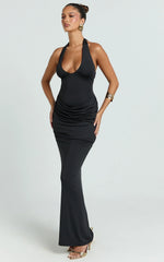 Heath Maxi Dress - Scoop Halter Neck With Drape Front Skirt Back Split Dress in Black