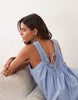 v-neck poplin mini smock sundress with lace overlay in dusky blue