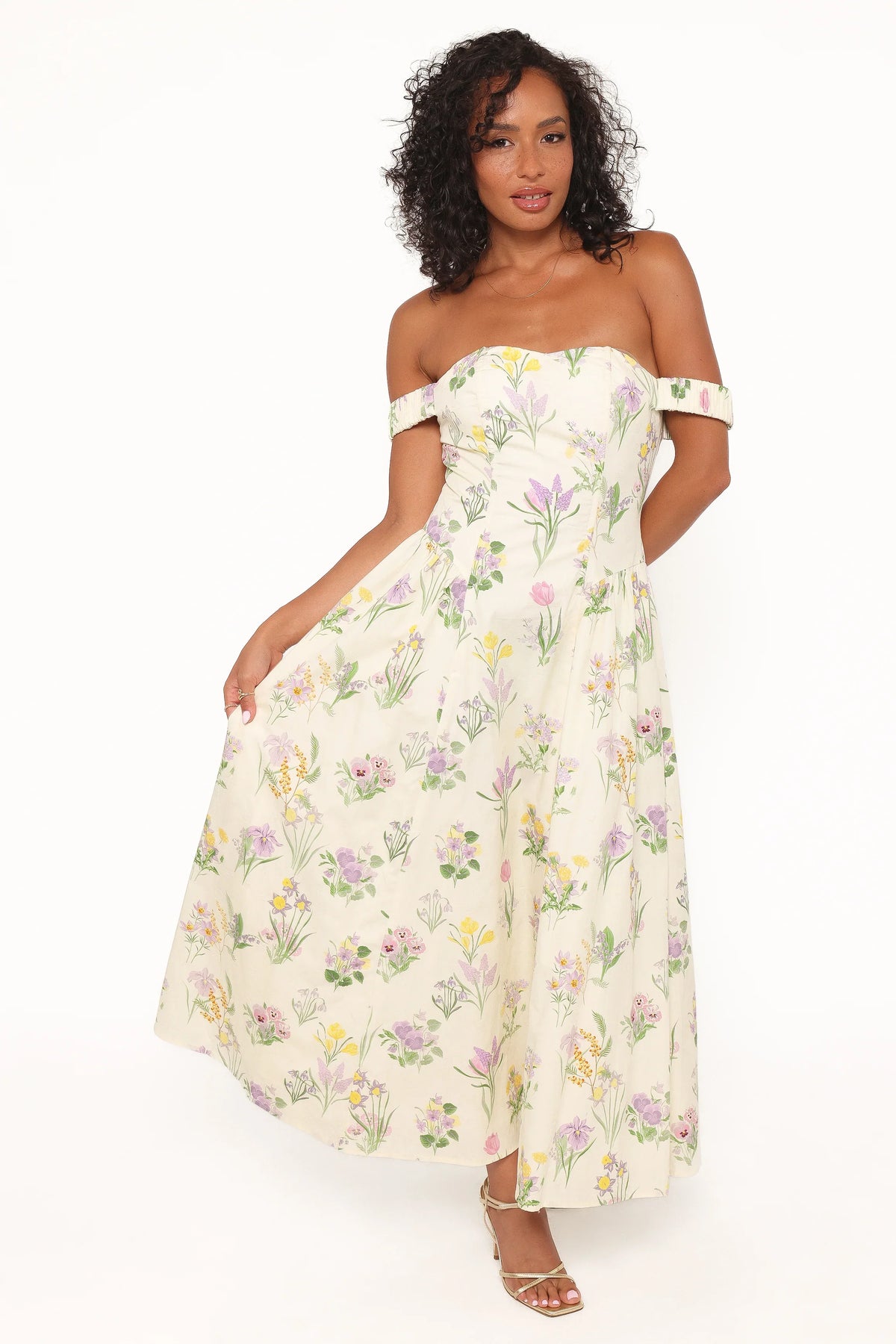 Larni Off Shoulder Midi Dress - Lavender Multi