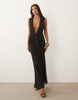 mesh deep v neck maxi dress with waist wrap detail in black