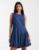 Pieces denim dropped waist bubble hem mini dress in medium blue