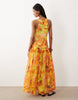 racer back maxi dress with asymmetric waist detail in floral print