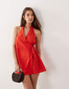 cotton-linen blend halter neck wrap mini sundress in red