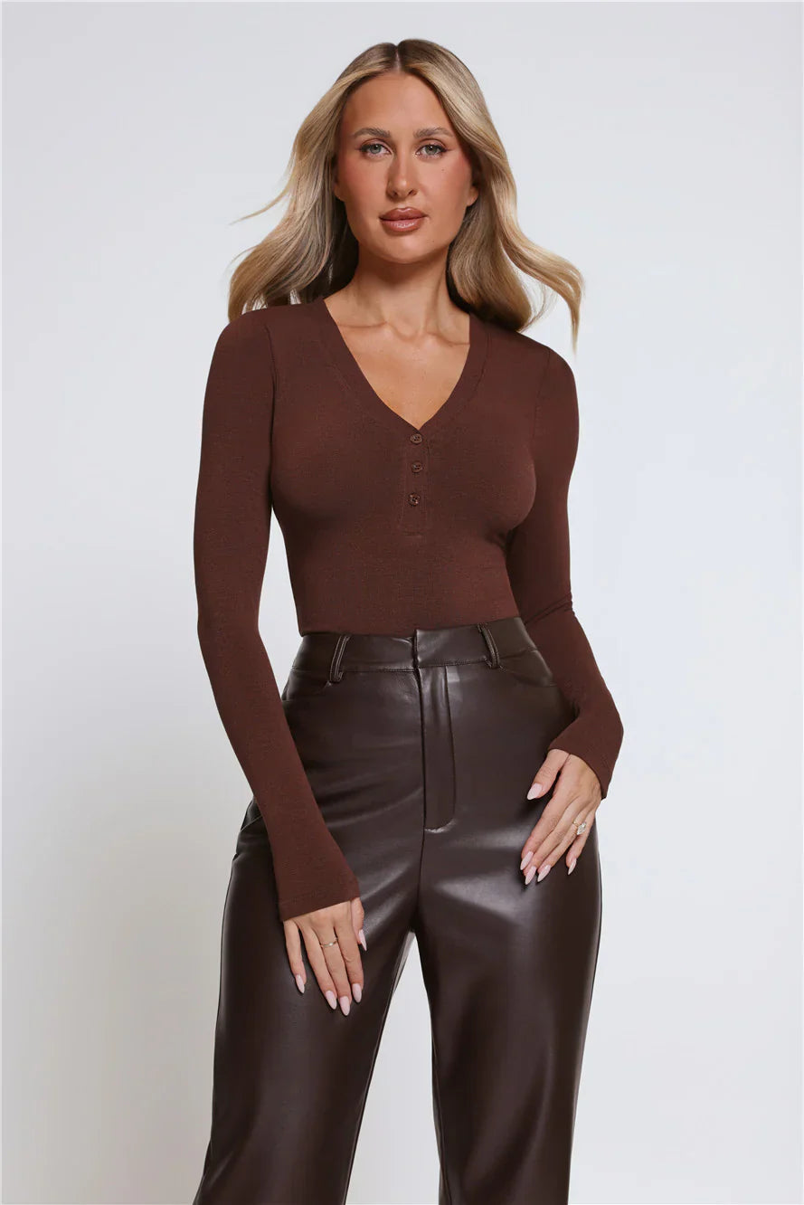 BASE Form Luxe Knit V Neck Long Sleeve Top Chocolate