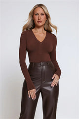 BASE Form Luxe Knit V Neck Long Sleeve Top Chocolate