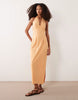 cotton-linen blend halter neck midaxi sundress with sculpted bust in orange spritz