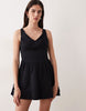 waisted v-neck mini sundress with seaming details in black