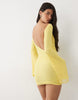 mesh waterfall sleeve ruched mini dress in yellow