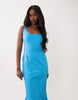 scoop neck fishtail godet midi sundress in tropical turquoise