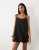 bubble hem poplin mini sundress with tie straps in black