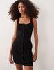 button down rib knit mini dress with picot trim in black