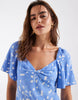 & Other Stories viscose puff sleeve midaxi dress with twisted sweetheart neckline in blue floral print
