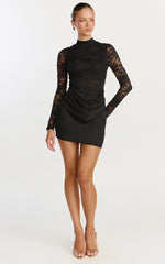 Thalassa Mini Dress - Turtle Neck Long Sleeve Drape Bias Cut Dress in Black